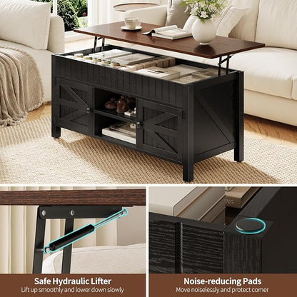 47.3" Lift Top Coffee Table with Storage - Black Coffee Tables for Living Room, Farmhouse Wood Center Table, Large Rectangle Middle Tables with Hidden Compartment & Adjustable Shelf