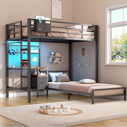 DICTAC Bunk Bed Twin Over Twin with Desk,Led Lights and Charging Station twin Bunk Beds with Storage Drawers and Shelves,Metal L-Shaped for kids with Safety Guardrail&Ladder,No Box Spring Needed,Black
