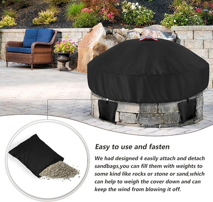 Outdoor Round Built in Stone Fire Pit Cover,Heavy Duty 600D Waterproof Cover for 50In-57In Fire Pit with Spark Screen,All-Weather Protection Round Fire Pit Cover for In Ground Brick Fire Pit,Black