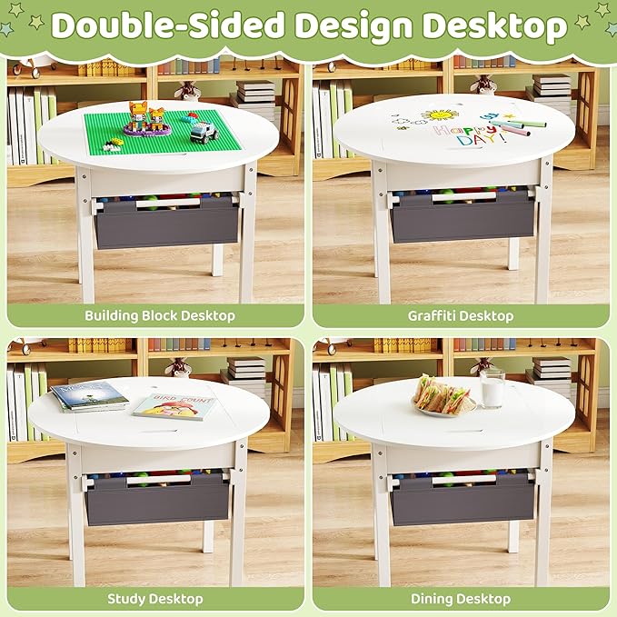 DOREROOM Kids Table with Storage, Wooden Kids Play Table with 2 Canvas Drawers, Round Toddler Activity Tables with Double Sided Desktop for Ages 3-8, Building Blocks, Toddler Desk for Bedroom/Nursery