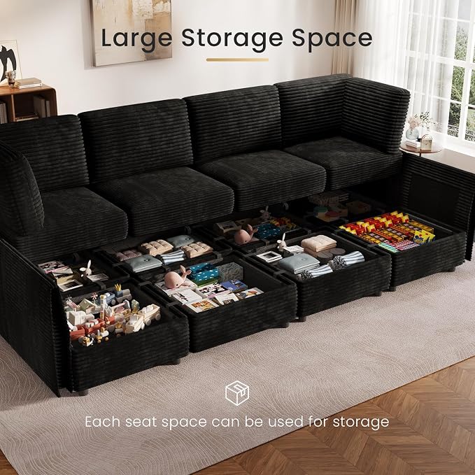 KKL Modular Sectional Sofa Bed with Storage Ottoman, 123 Inch Convertible L/U/J-Shaped Sleeper Couch Plush Wide-Wale Corduroy for Living Room, Apartment, Modern Design, Black