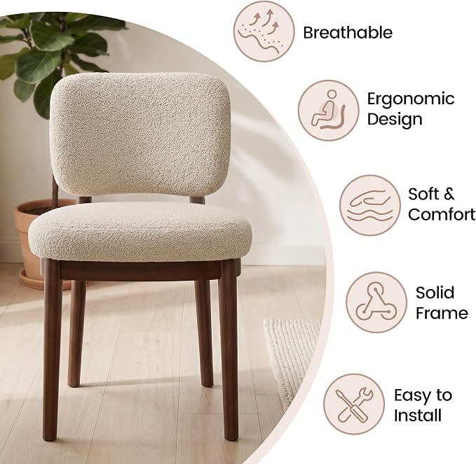 Wooden Dining Chairs Set of 6, Boucle Upholstered Kitchen Chairs with Solid Wood Legs, Mid Century Modern Dining Chairs, Farmhouse Side Chair with Hardwood Frame for Dining Room, Beige