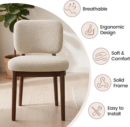 Wooden Dining Chairs Set of 4, Boucle Upholstered Kitchen Chairs with Solid Wood Legs, Mid Century Modern Dining Chairs, Farmhouse Side Chair with Hardwood Frame for Dining Room, Beige