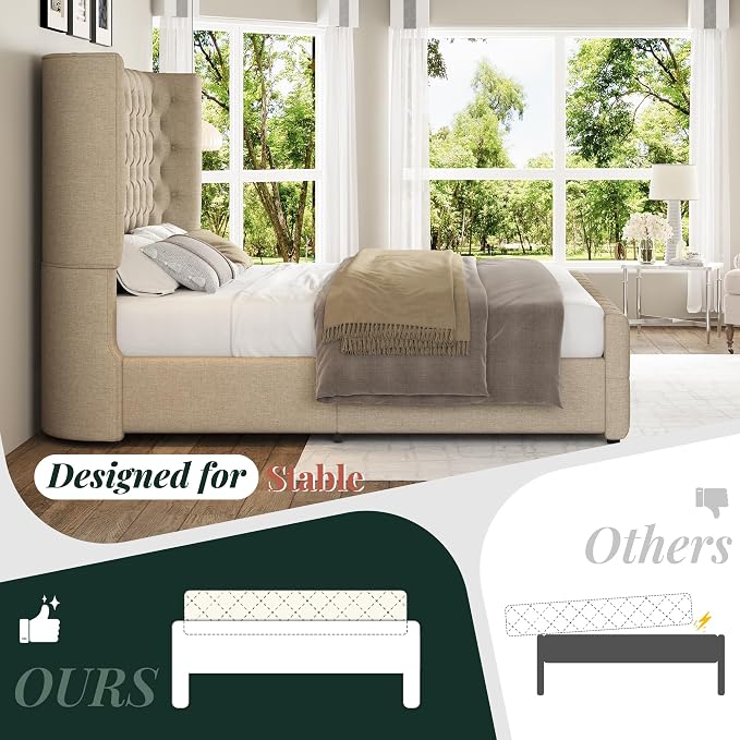 Jocisland Queen Size Upholstered Bed Frame with 6.3-Inch Curved Wingback Headboard, Tufted Footboard, Wood Slats, No Box Spring Needed, Khaki Linen