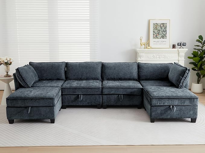 ORRD Sleeper Modular Sectional Sofa Set, Convertible Couch Bed with Storage, 4 Seater and 2 Armrestes Sofa Modular for Living Room, Office (Blue Grey)