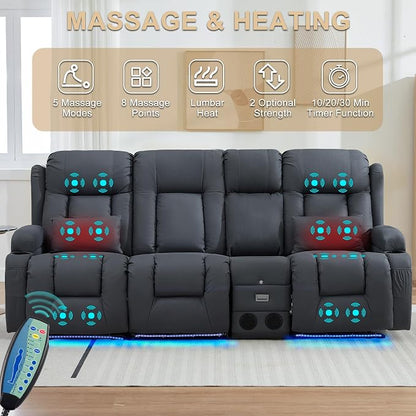 URRED Power Loveseat Recliner Sofa with Massage and Heat, Wall Hugger Reclining Loveseat with Console, RV Couch Home Theater Seating with LED Lights for Living Room (Blue Grey, 89.8" - 3 Seats)