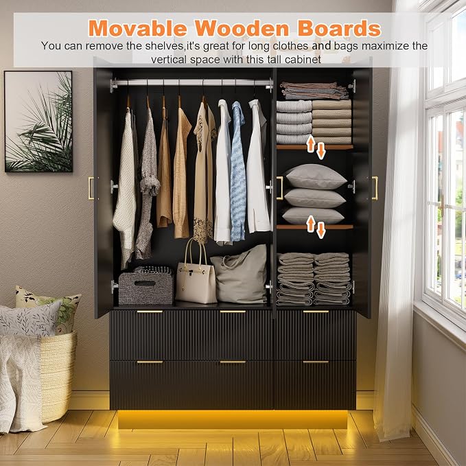 PAKASEPT Large Wardrobe Closet, 3 Door Armoire Closet | Mirror and LED Lights, Hanging Rod, Drawers, Armoires and Wardrobes for Bedroom