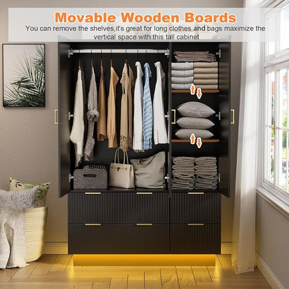 PAKASEPT Large Wardrobe Closet, 3 Door Armoire Closet | Mirror and LED Lights, Hanging Rod, Drawers, Armoires and Wardrobes for Bedroom