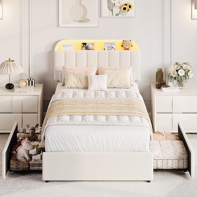 GarveeHome Twin Bed Frame with Storage Headboard, Kids Bed Frame with 2 Drawers, Velvet Upholstered Platform Bed Frame with Lights, No Box Spring Needed, Easy Assembly, Velvet White