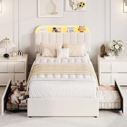 GarveeHome Twin Bed Frame with Storage Headboard, Kids Bed Frame with 2 Drawers, Velvet Upholstered Platform Bed Frame with Lights, No Box Spring Needed, Easy Assembly, Velvet White