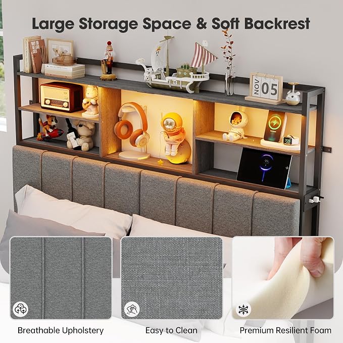 54.8" Tall King Size Headboard with 3-Tier Storage Shelves, Linen Upholstered Head Board with USB & Type C Port & LED Light, Soft Backrest for King Size Bed,Sturdy Headboard Only