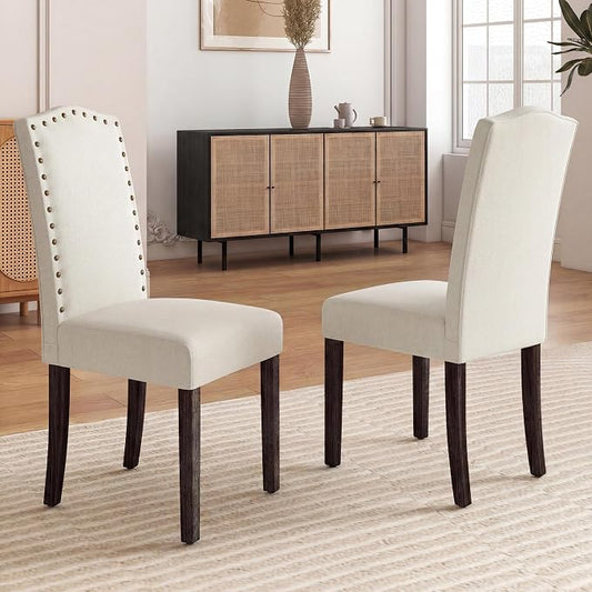 LSSBOUGHT Dining Chairs Set of 2, Upholstered Parsons Dining Room Chairs Fabric Kitchen Chairs with Solid Wood Frame and Nailhead Trim(Beige, 2PCS)