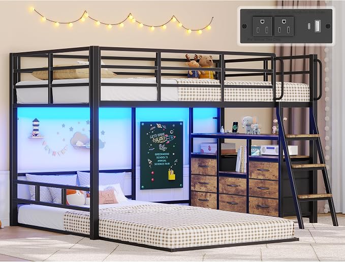 Bunk Bed Twin Over Twin,Low Bunk Bed with 8 Drawers & 4 Shelves & 15" H Safety Guardrail,Metal L-Shaped Twin Bunk Bed with LED Lights and Charging Station,Floor Bunk Beds with Ladder,Vintage Brown