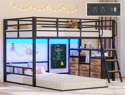 Bunk Bed Twin Over Twin,Low Bunk Bed with 8 Drawers & 4 Shelves & 15" H Safety Guardrail,Metal L-Shaped Twin Bunk Bed with LED Lights and Charging Station,Floor Bunk Beds with Ladder,Vintage Brown