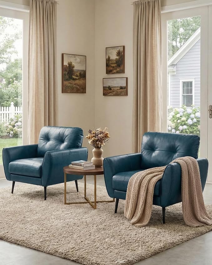 TYBOATLE Accent Chairs Set of 2, Comfy Modern Living Room Blue Faux Leather Reading Accent Chairs Tufted Mid Century Arm Chair Small Salon Chair for Office Bedroom (2, Blue)