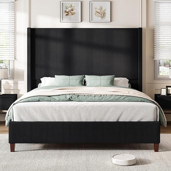 AMERLIFE Queen Size 62" Corduroy Upholstered Bed Frame, Luxurious Platform Bed with Extra Tall Wingback Headboard and Vertical Stripe, No Box Spring Needed/Solid Wood Slats & Legs/Black