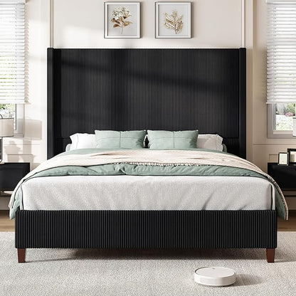 AMERLIFE Queen Size 62" Corduroy Upholstered Bed Frame, Luxurious Platform Bed with Extra Tall Wingback Headboard and Vertical Stripe, No Box Spring Needed/Solid Wood Slats & Legs/Black