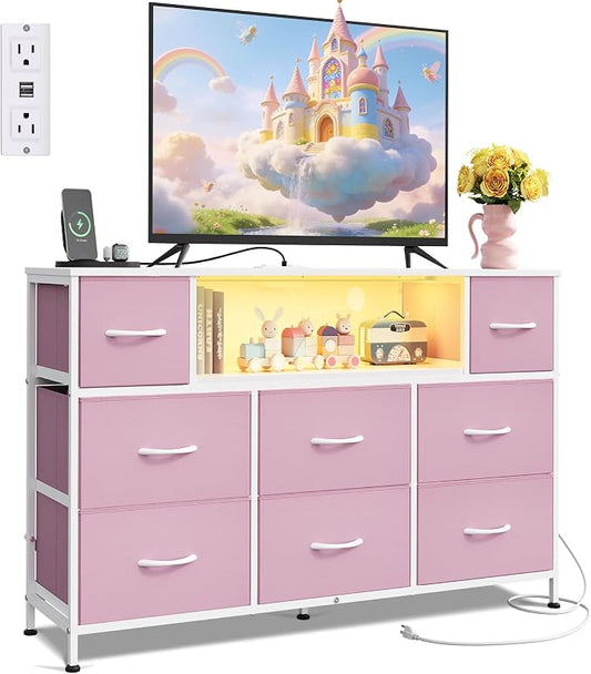 WLIVE Dresser TV Stand for 45, 50, 55 inch TV, Entertainment Center with LED Lights & Charging Station, Chest of Drawers with 8 Fabric Drawers and Open Shelves for Living Room, Hallway, A-Pink
