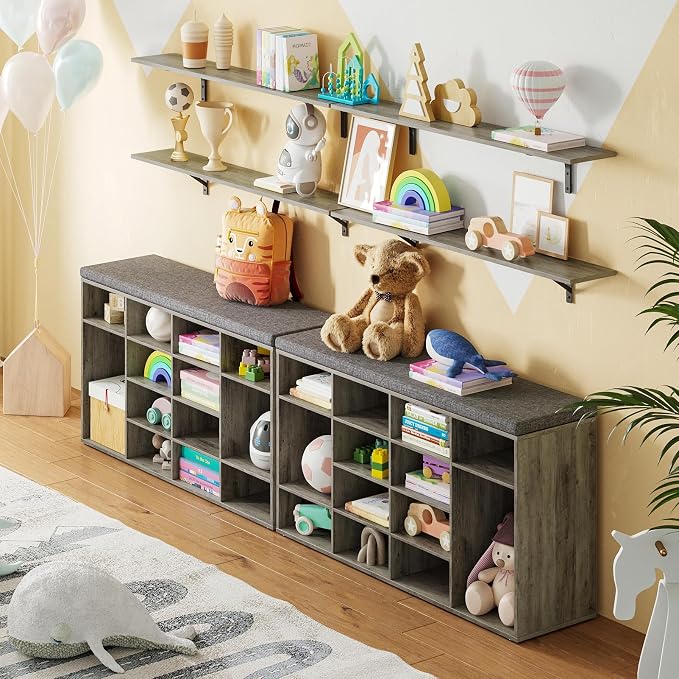 DINZI LVJ Shoe Storage Bench with Cushion, 16-Cubby Shoe Rack, Adjustable Shelves, Multifunctional Shoe Organizer Bench for Entryway, Mudroom, Hallway, Living Room, Bedroom and Garage, Gray Wash