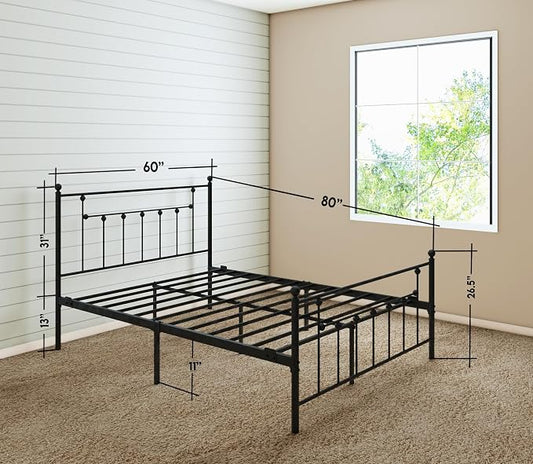 Golden Gate Beds Victorian Style Metal Platform Bed Frame with Antique Wrought Iron-Art Headboard and Footboard, Classic Cama Steel Mattress Foundation, No Box Spring Needed, Queen Size, Black Finish