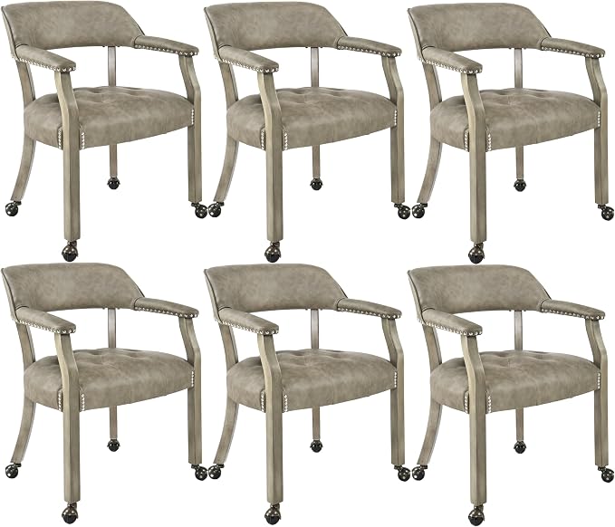 LEEMTORIG Set of 6 Dining Chairs with Casters and Arms, Large Rolling Dining Chairs with Wheels, Accent Poker Table Chairs, Solid Wood Office Desk Chairs, 26"D x 25.2"W x 31.5"H, Soft Grey SY-1318-UA