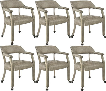 LEEMTORIG Set of 6 Dining Chairs with Casters and Arms, Large Rolling Dining Chairs with Wheels, Accent Poker Table Chairs, Solid Wood Office Desk Chairs, 26"D x 25.2"W x 31.5"H, Soft Grey SY-1318-UA