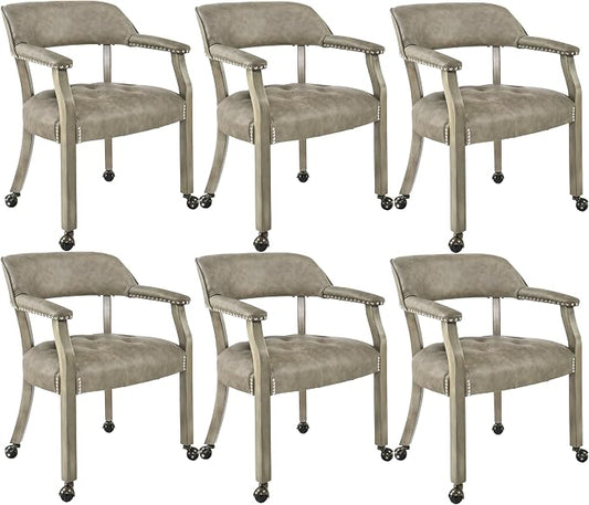 LEEMTORIG Set of 6 Dining Chairs with Casters and Arms, Large Rolling Dining Chairs with Wheels, Accent Poker Table Chairs, Solid Wood Office Desk Chairs, 26"D x 25.2"W x 31.5"H, Soft Grey SY-1318-UA