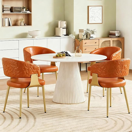 Atoll Modern Accent Dining Chairs Set of 4 with Upholstered PU Leather Seat & Curved Back, Metal Legs, Mid-Century Kitchen Chair for Dining Room, Living Room or Office (4, Orange)