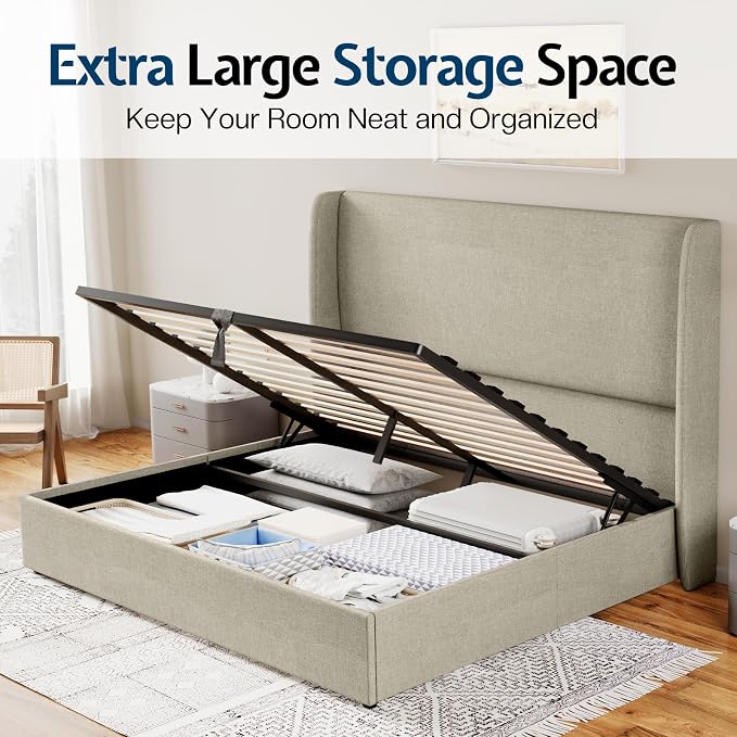 Jocisland Queeen Size Upholstered Platform Bed Frame with Hydraulic Lift Storage, Wingback Headboard, Wood Slats Support, No Box Spring Needed, Linen Off Khaki