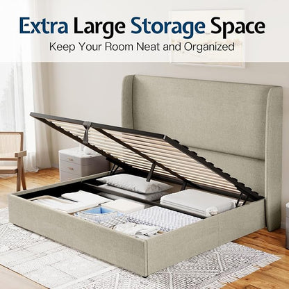 Jocisland Queeen Size Upholstered Platform Bed Frame with Hydraulic Lift Storage, Wingback Headboard, Wood Slats Support, No Box Spring Needed, Linen Off Khaki