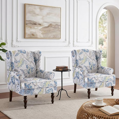 HUIMO Printed Wingback Accent Chair, Linen Upholstered High Back Armchair, Comfy Reading Chair for Living Room Bedroom Study, 300lbs Weight Capacity (2, Blue Floral)