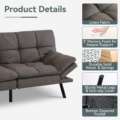 Futon Sofa Bed Convertible Couch, Grey Linen Sofa Bed with Memory Foam, Adjustable Backrest & Armrests, Multifunctional Small Loveseat Sleeper Sofa for Living Room, Apartment, Office