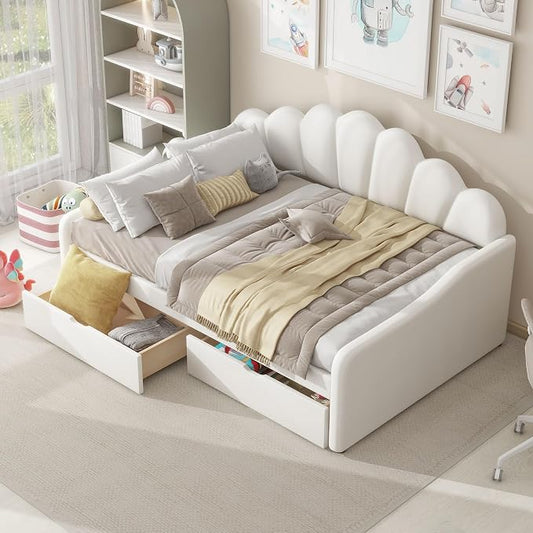 Ball & Cast Full Size Daybed with Two Storage Drawers,Velvet Upholstered Day Bed Frame Full with Shall Shaped Backrest and Wood Slat Support,No Box Spring Needed,Beige