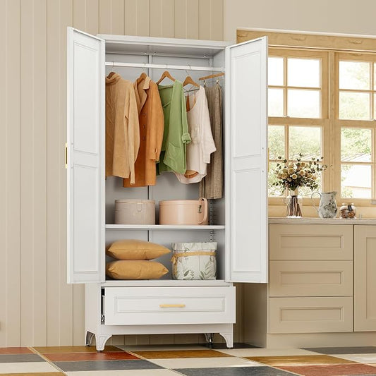 Metal Wardrobe Cabinets with Drawers,Black Armoire Wardrobe Closet with Hanging Rod,Clothes Storage Cabinet with Adjustable Shelves and Doors,Clothing Cabinet for Bedroom,Laundry Room