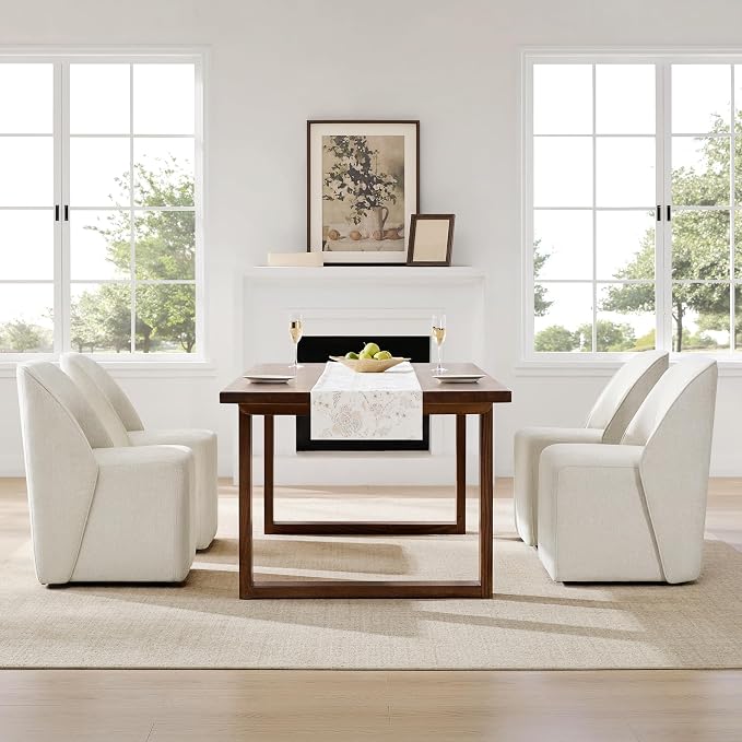 Watson & Whitely Modern Rolling Dining Chairs with Casters, Set of 2, Linen | Upholstered Seat, Removable Rollers, Fabric Armless Chairs for Dining Room, Living Room, Bedroom