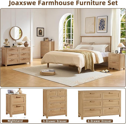 Joaxswe Farmhouse 5 Drawer Dresser for Bedroom, Vertical Dressers Chest of Drawers with 5 Deep Drawers & 4 Thickened Table Legs, Natural Wood