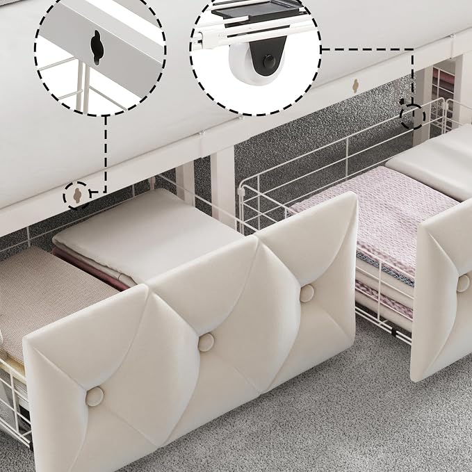 Keyluv Queen Upholstered Canopy Bed Frame with 2 Storage Drawers & Button Tufted Headboard, Metal Platform Bed with 4 Removable Posts, Two-Purpose Velvet Bed, Beige/Curtain Not Included