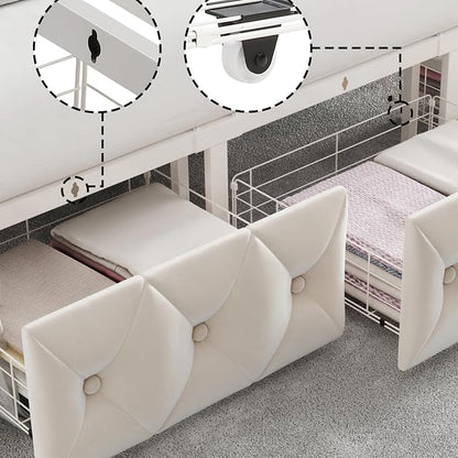 Keyluv Full Upholstered Canopy Bed Frame with 2 Storage Drawers & Button Tufted Headboard, Metal Platform Bed with 4 Removable Posts, Two-Purpose Velvet Bed, Beige/Curtain Not Included