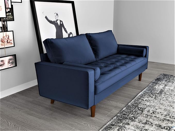 Container Furniture Direct Womble Mid Century Modern Soft Velvet Upholstered Tufted Seat with Bolster Pillows, Loveseat, Sofa, Misty Blue