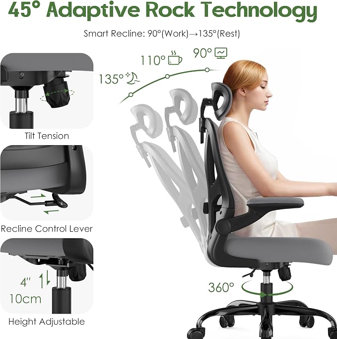 Office Chair Ergonomic Desk Chair - Mesh High Back Office Chair with Headrests Wheels Lumbar Support Home Desk Office Chairs Flip up Armrest Executive Rolling Computer Chair Black Gray 8 Pack