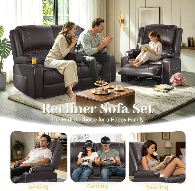 Yolsali Loveseat Lounger Sofa Set with 2 Layers Cushion Living Room 2+1 Piece 2 Seater Reclining Double Sofa Leather with Removable Console 1 Oversized Lounger Sofa Seats