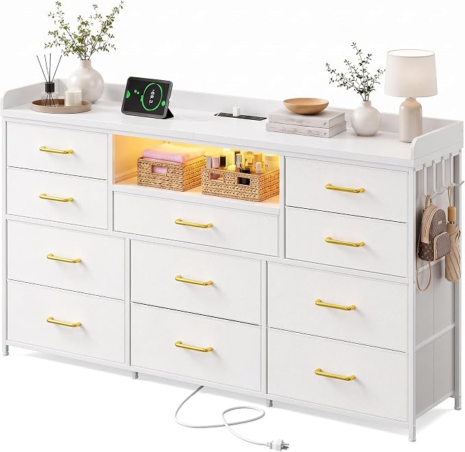 Bepatio LED Dresser for Bedroom with 11 Drawers,Power Strip,4 Hooks,White | Stylish Dressers & Chests of Drawers with 2 Wood Storage Shelves, TV Stand for 50/55/60 Inch TVs, Sturdy Metal Frame