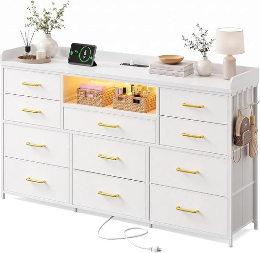 Bepatio LED Dresser for Bedroom with 11 Drawers,Power Strip,4 Hooks,White | Stylish Dressers & Chests of Drawers with 2 Wood Storage Shelves, TV Stand for 50/55/60 Inch TVs, Sturdy Metal Frame