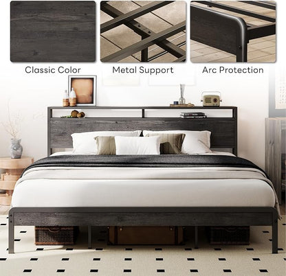LIKIMIO California King Bed Frame with Headboard, Dark Wood Camas California King with Strong Supports, Sturdy, Noise-Free, No Box Spring Needed, Grey