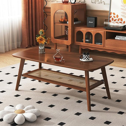Coffee Table Small Solid Wood Center Table Mid Century Vintage Living Room Coffee Table, Walnut Rattan 47.24 Inch