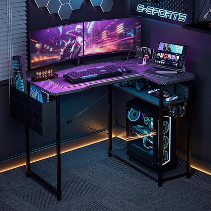 Acrolix L Shaped Gaming Desk 48 Inch - Computer Corner Desk with Power Outlets, Reversible Shelves & Storage Bag for Home Office, PC Gaming Table, Black Carbon