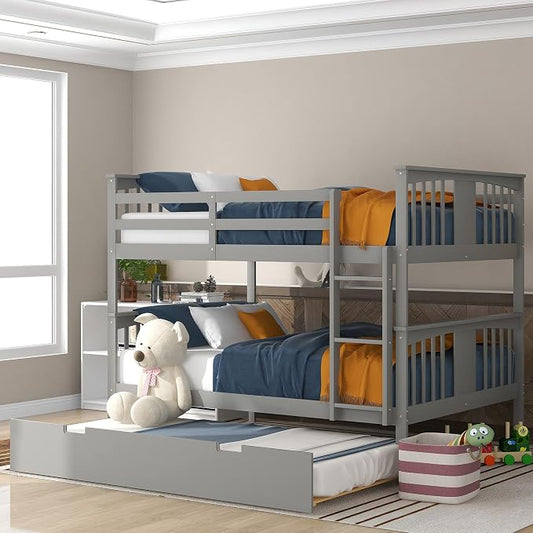 Merax Full-Over-Full Bunk Bed with Twin Trundle, Solid Wood Bunk Bed Frame with Guardrail and Removable Ladder, Can be Separated into 2 Beds, Grey