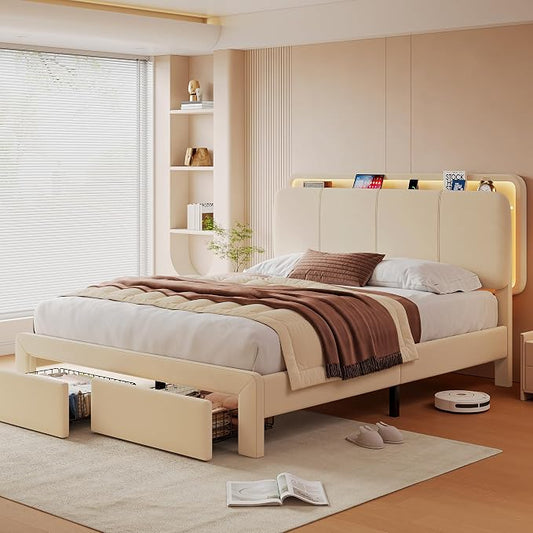 Feonase Full Upholstered Bed Frame with Headboard and 2 Storage Drawers, Built-in Charging Station, Velvet Platform LED Bed with Solid Wood Slat Support, No Box Spring Needed, Beige