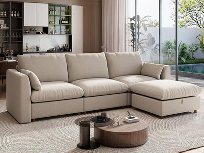 Ihanherry 117" Oversized Modular Sectional Sofa, Modern L Shaped Cloud Couch with Storage Ottoman, 4-Seat Comfy Chenille Deep Seat Sofa with 2 Pillows for Living Room, Khaki