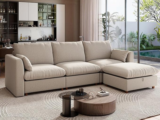 Ihanherry 117" Oversized Modular Sectional Sofa, Modern L Shaped Cloud Couch with Storage Ottoman, 4-Seat Comfy Chenille Deep Seat Sofa with 2 Pillows for Living Room, Khaki
